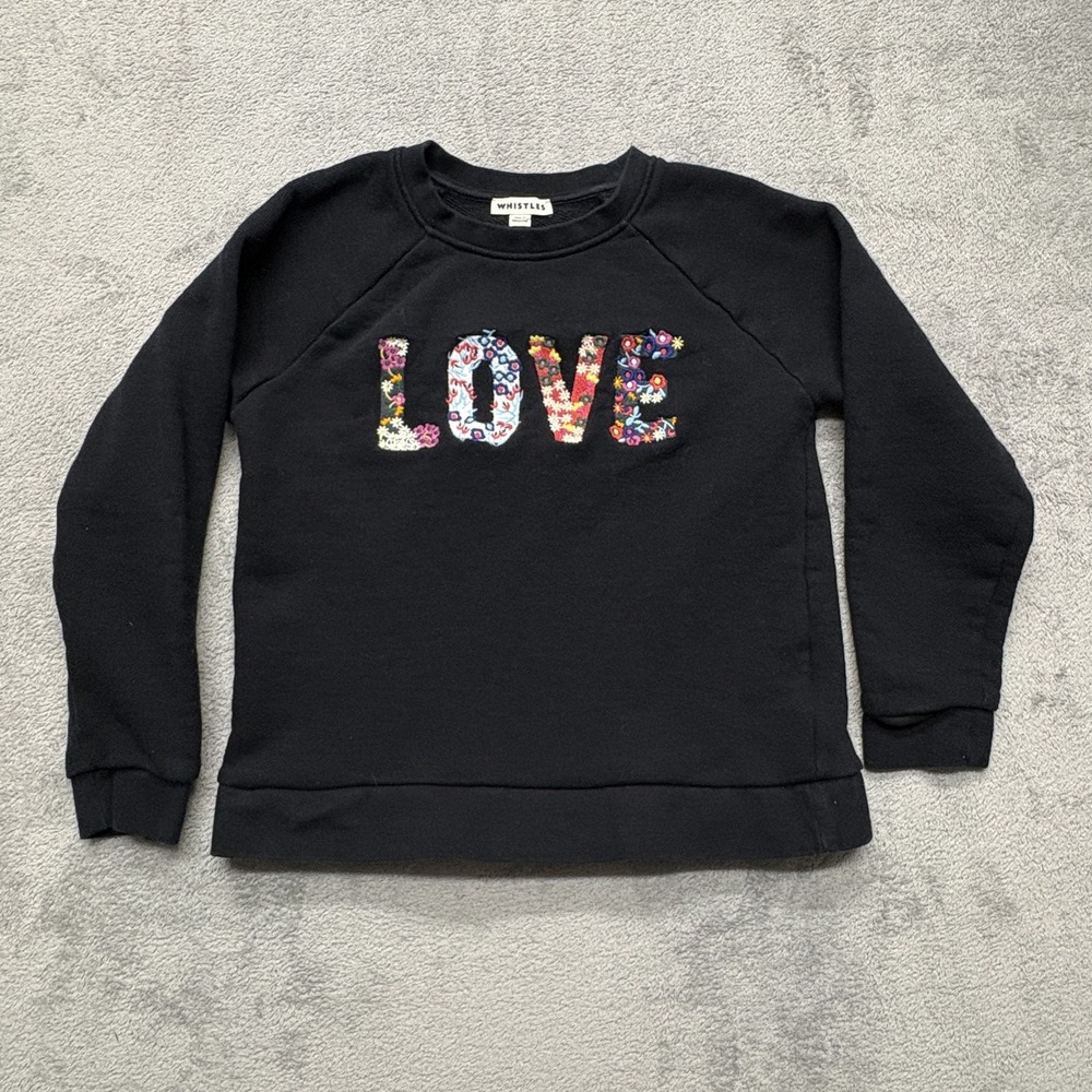 Whistles Sweatshirt Womens 17.5x21‎ LOVE Floral Applique Pullover Crewneck